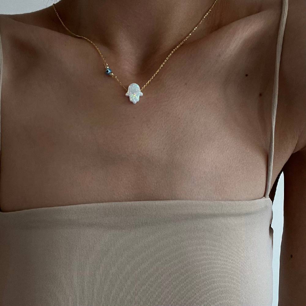 Kardelen Fatimas Hand Opal kette mit Nazar White - 925 SILBER Riesige Ersparnisse