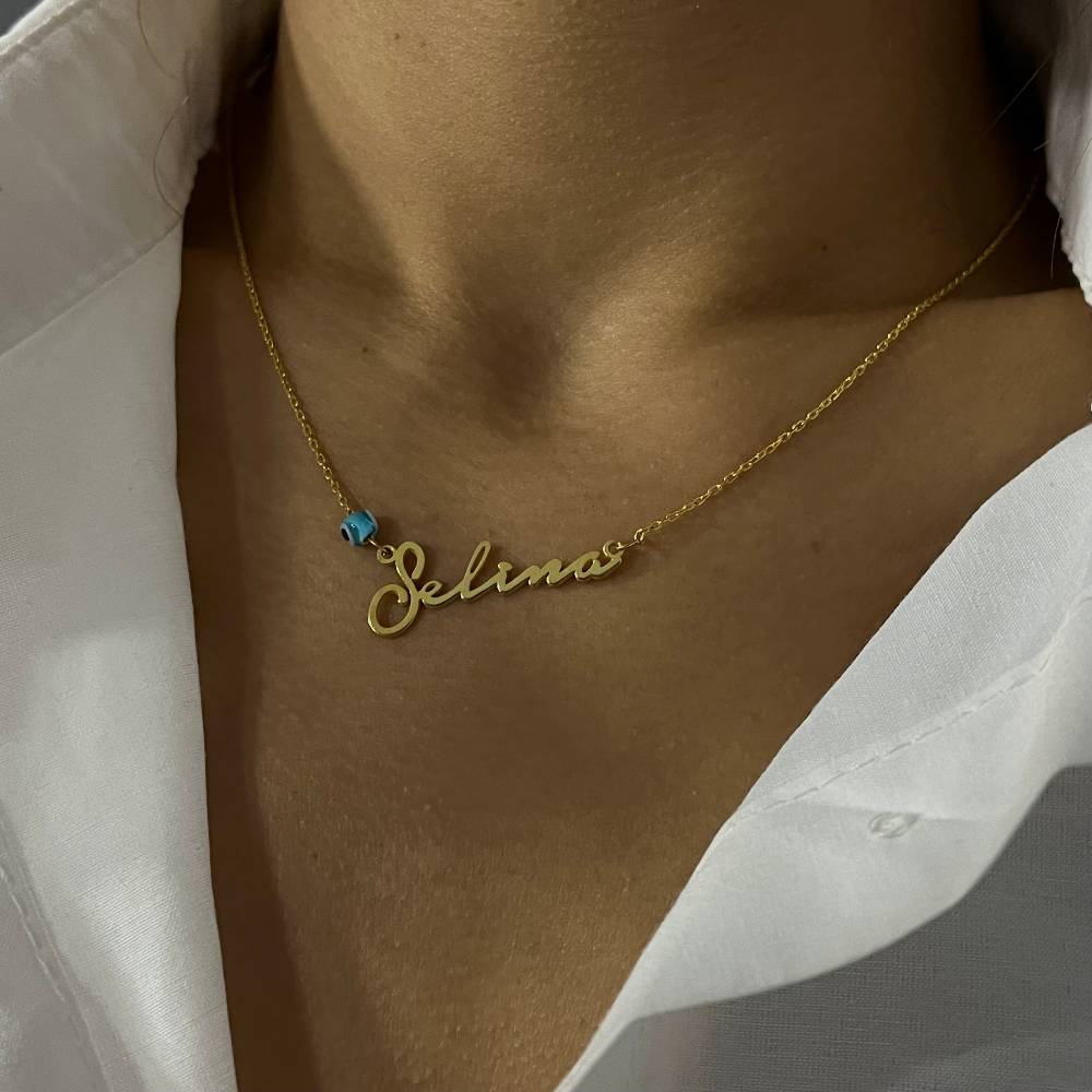 Kardelen Signatur Kette - Waagerecht mit Blaue Nazar Auge - 925 SILBER Kostenlose Rückgabe
