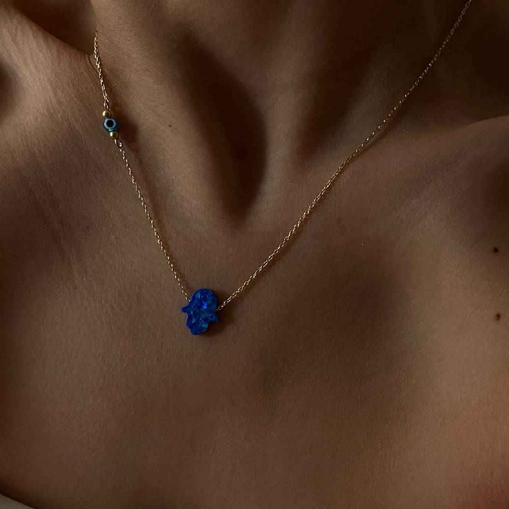 Kardelen Fatimas Hand Opal Kette mit Nazar Augenkette Dunkelblau - 925 SILBER Outlet