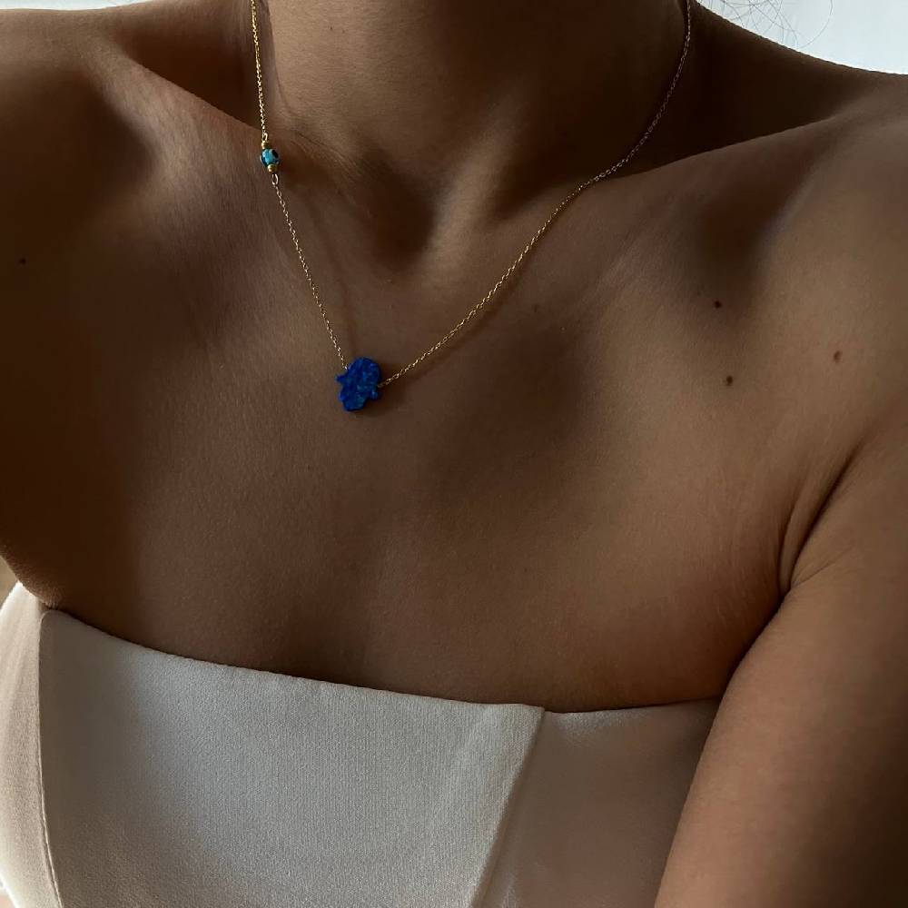Kardelen Fatimas Hand Opal Kette mit Nazar Augenkette Dunkelblau - 925 SILBER Outlet