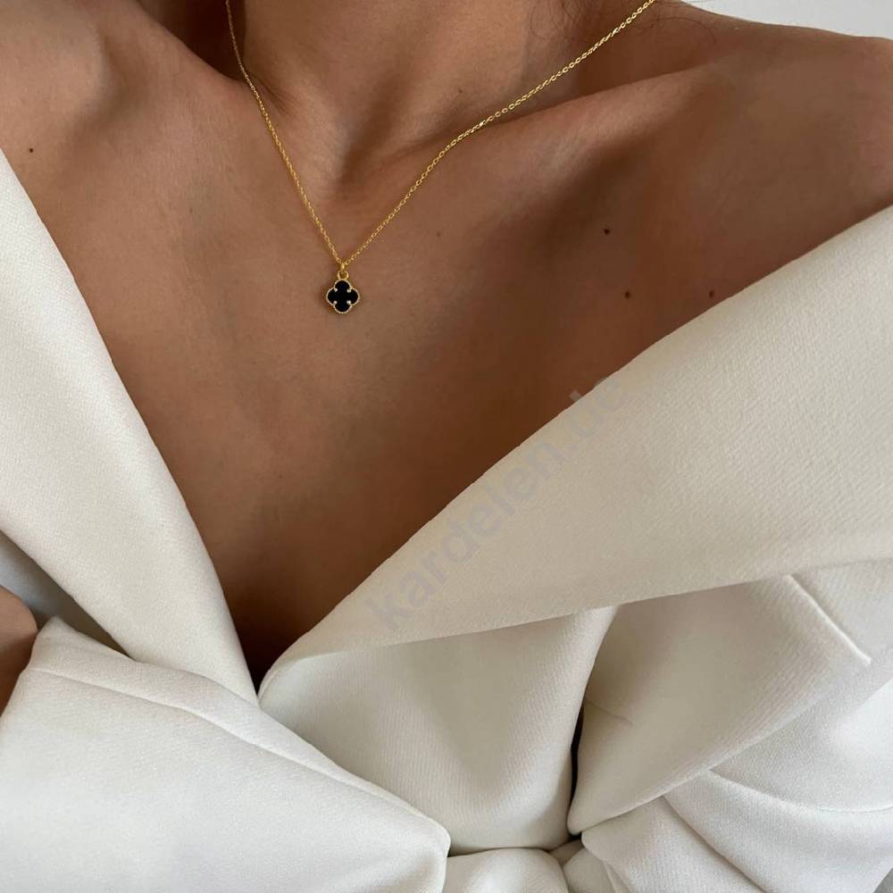 Kardelen 14K GOLD KLEE SCHWARZE HALSKETTE JETZT KAUFEN