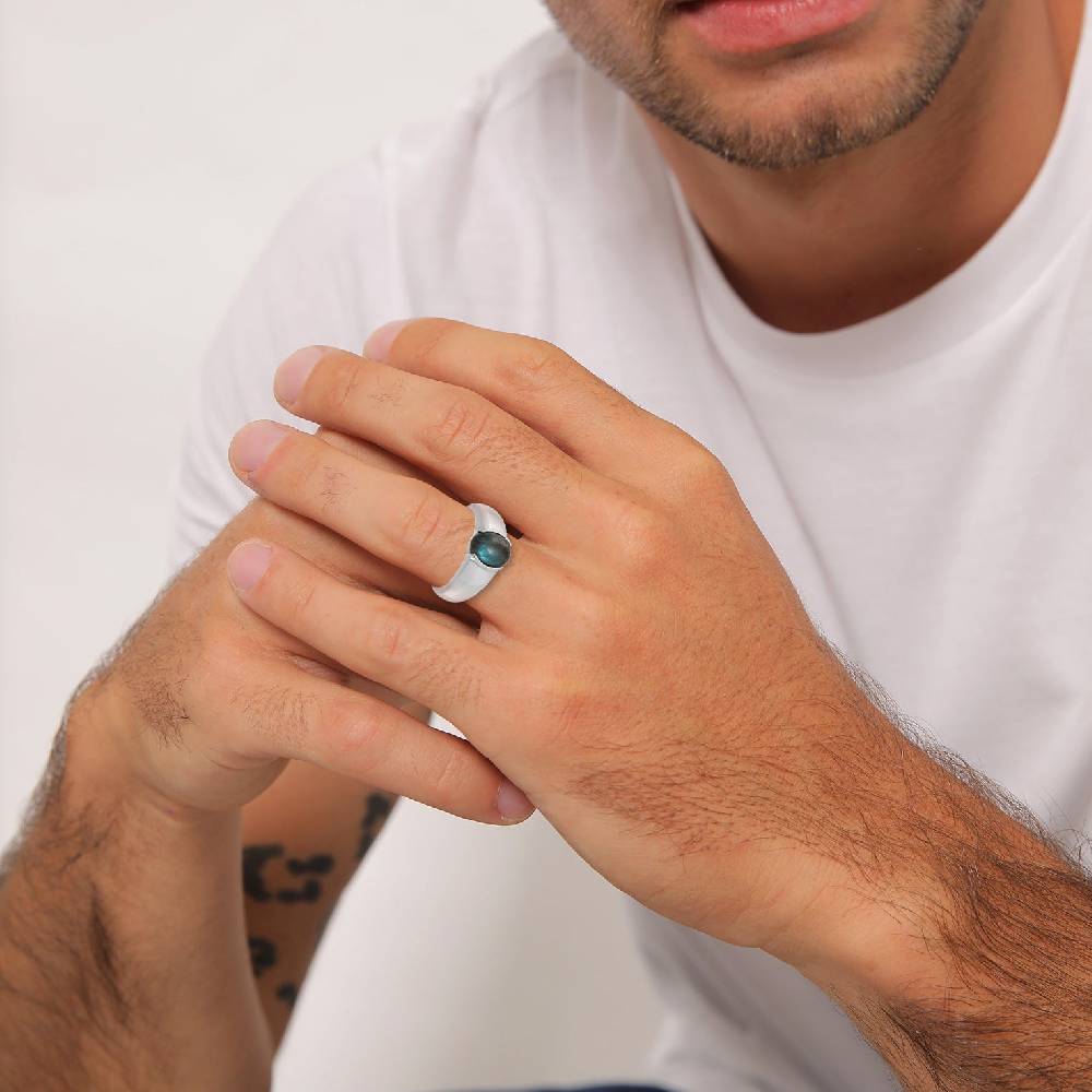 Kuzzoi Siegelring Oval | Labradorit (Grau) Sonderangebot der Fabrik