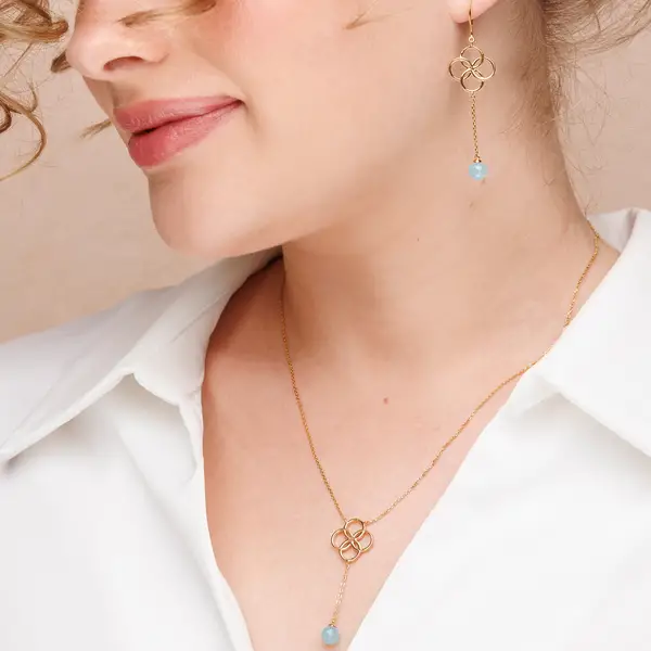 Leaf Jewelry Halskette Clover Charm, Aqua Chalzedon, 18 K Rosegold vergoldet Speichern exportieren