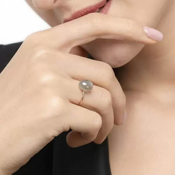 Leaf Jewelry Ring Cabochon II, 14 K Rosegold, Grauer Mondstein Begrenzt auf 3 Tage