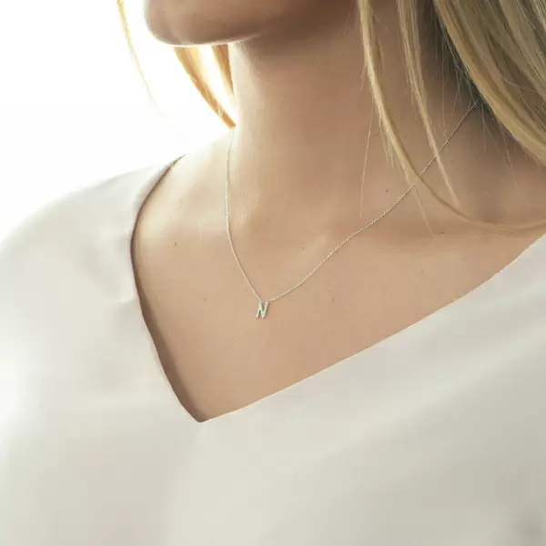 Leaf Jewelry Halskette Letter "N", 14 K Weißgold mit Diamanten Große Rabatte