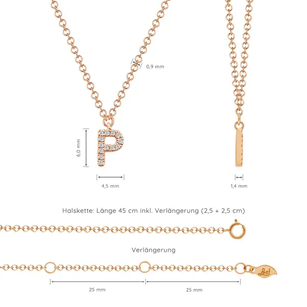 Leaf Jewelry Halskette Letter "P", 14 K Rosegold mit Diamanten Zeitbegrenzte Promotion