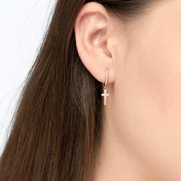 Leaf Jewelry Single Creole CROSS/Zirkonia, 18 K Rosegold vergoldet Valentinstagsangebot