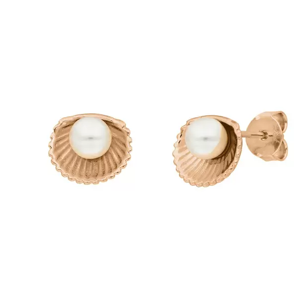 Leaf Jewelry Ohrstecker Muschel mit Perle, 18 K Rosegold vergoldet Fabrikverkauf