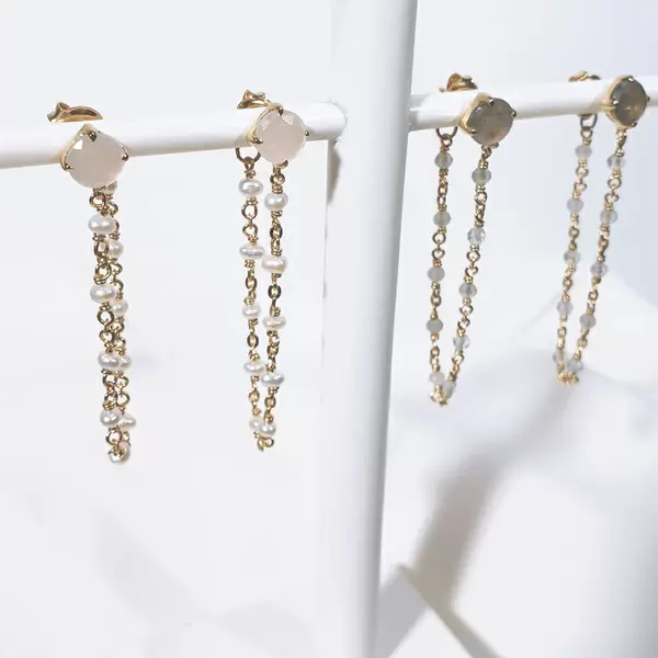 Leaf Jewelry Ohrhänger Flying Gem, Perle/Rosenquarz, 18 K Gelbgold vergoldet Großer Ausverkauf