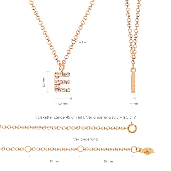 Leaf Jewelry Halskette Letter "E", 14 K Rosegold mit Diamanten Neuheiten