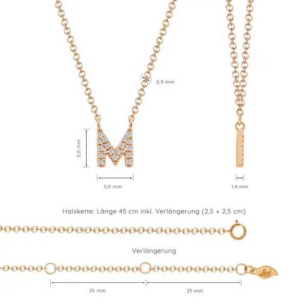 Leaf Jewelry Halskette Letter "M", 14 K Rosegold mit Diamanten Räumungsverkauf