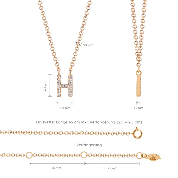 Leaf Jewelry Halskette Letter "H", 14 K Rosegold mit Diamanten Begrenzt auf 3 Tage