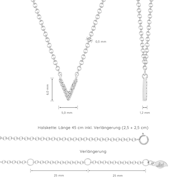 Leaf Jewelry Halskette Letter "V", 14 K Weißgold mit Diamanten zollfrei