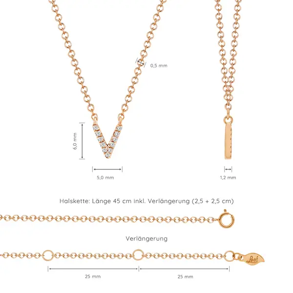 Leaf Jewelry Halskette Letter "V", 14 K Rosegold mit Diamanten im Angebot