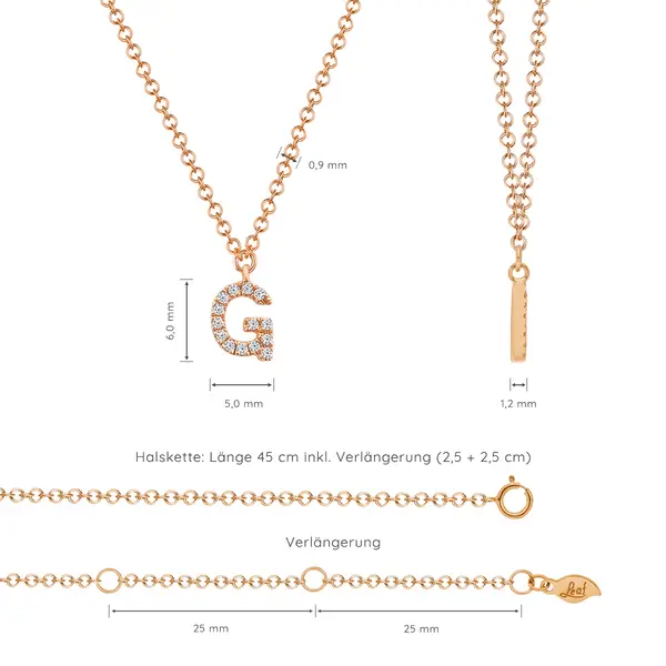 Leaf Jewelry Halskette Letter "G", 14 K Rosegold mit Diamanten Tägliche Deals