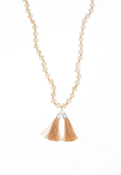 Leslii Lange Kette Tassel Glasperlen Edelstahl Silber Beige 2025