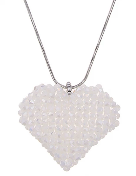 SALE! Leslii Damen-Kette Glasperlen Herz-Anhänger Heart lange Modeschmuck-Kette Silber Weiß Kostenloser Versand international