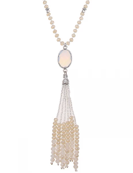 -50% SALE Leslii Lange Halskette Glasperlen-Bommel in Silber Beige Fabrikladen