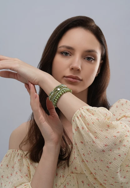 Leslii Damen-Armband Karin Kristall Glasperlen Khaki Grün Tiefpreis