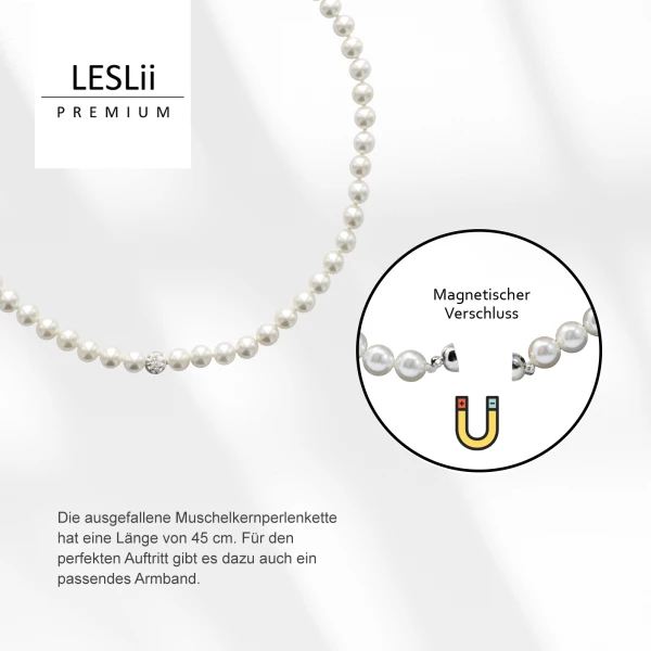 Leslii Damen-Kette Perlen-Collier weiße Perlen-Kette Strass-Kugel Weiß Auslauf