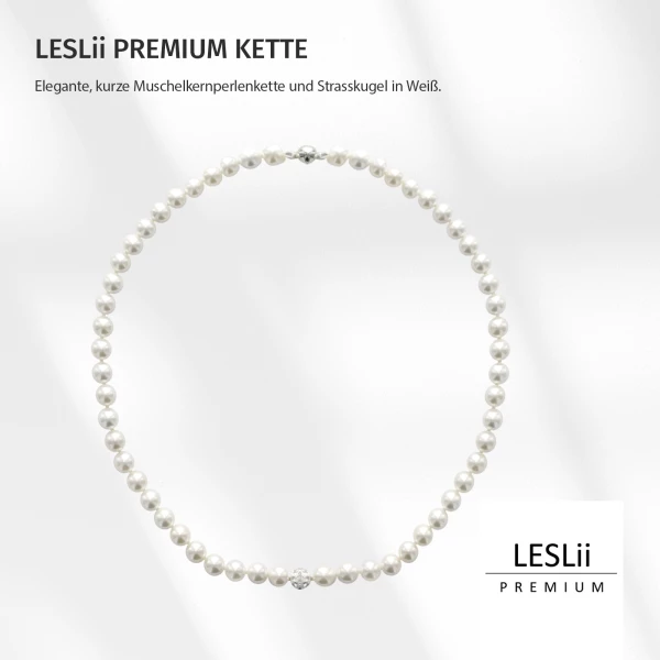 Leslii Damen-Kette Perlen-Collier weiße Perlen-Kette Strass-Kugel Weiß Auslauf