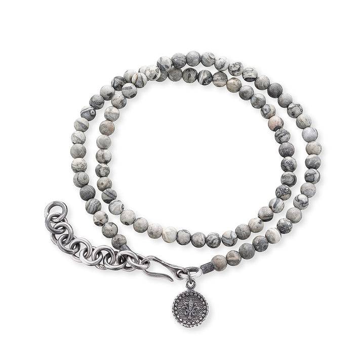 Save Brave Doppeltes Armband aus grauen Jasperperlen & Fleur de Lys Anhänger Fabrikverkauf