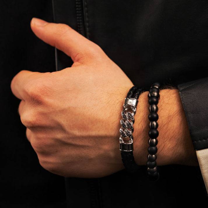 Save Brave Doppeltes Lederarmband Frank mit schwarzen Zirkoniasteinen Begrenztes Angebot