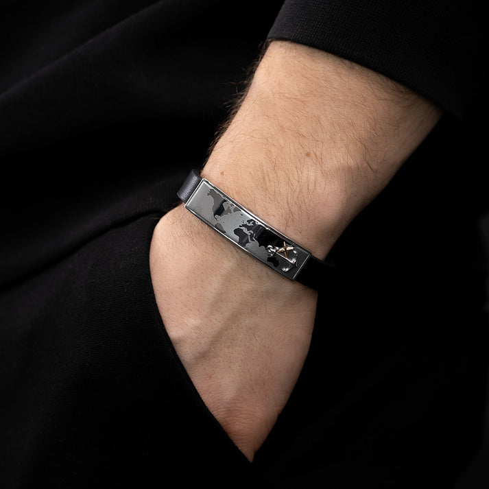 Save Brave Lederarmband Worldanchor schwarz - Welt & Anker gold Sonderangebote