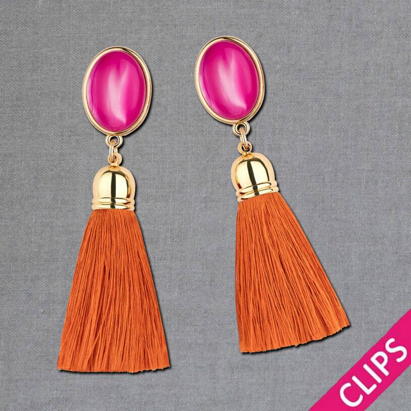 SchwesterSchwester Vergoldete Ohrclips in Pink mit Quaste in Rostorange von AmuseToi Online