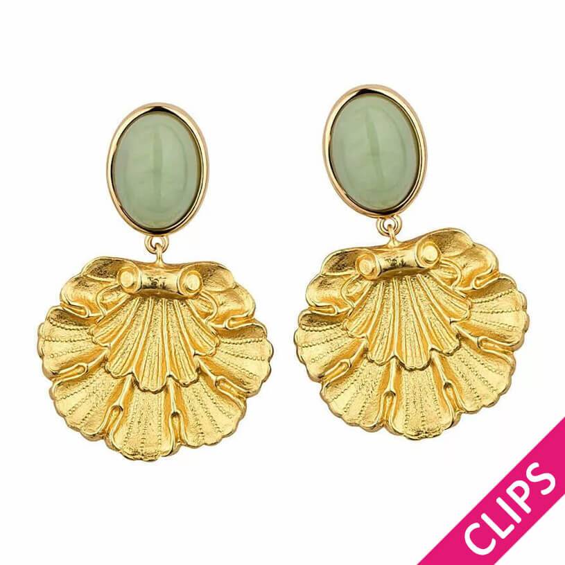 SchwesterSchwester Vergoldete Ohrclips in Jadegrün mit goldenem Muschelornament von AmuseToi Auslauf