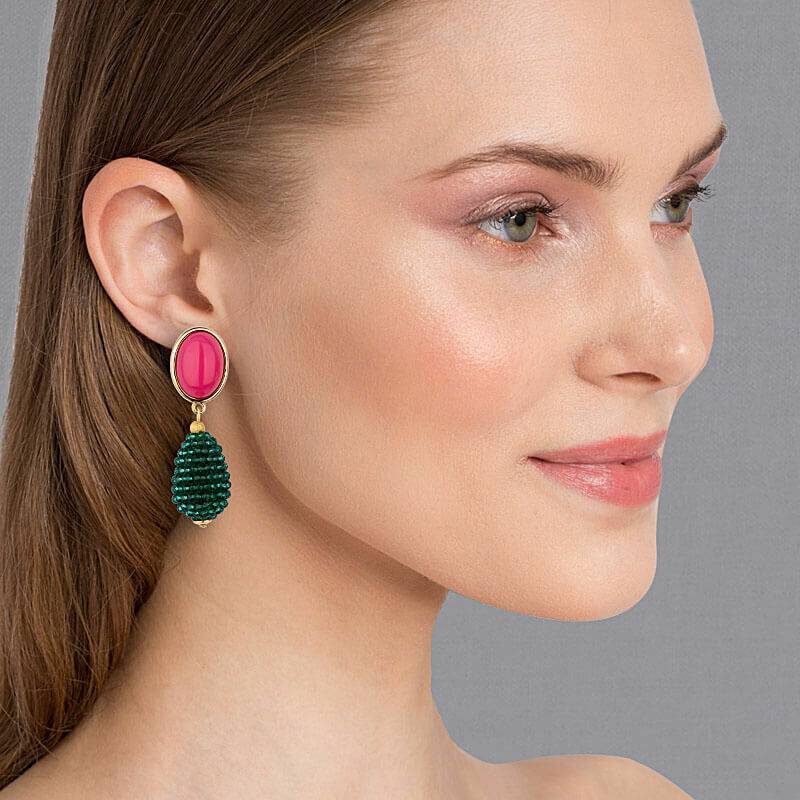 SchwesterSchwester Pinkfarbene Ohrstecker mit glitzerndem dunkelgrünen Tropfen von AmuseToi Bis zu 65% Rabatt