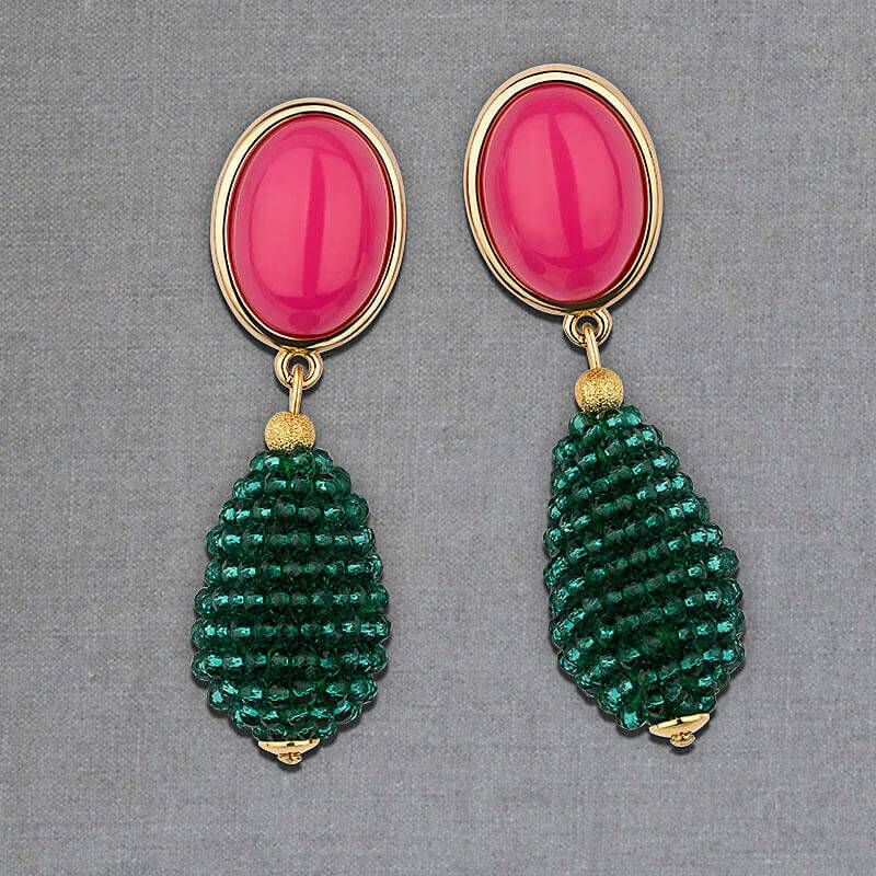 SchwesterSchwester Pinkfarbene Ohrstecker mit glitzerndem dunkelgrünen Tropfen von AmuseToi Bis zu 65% Rabatt
