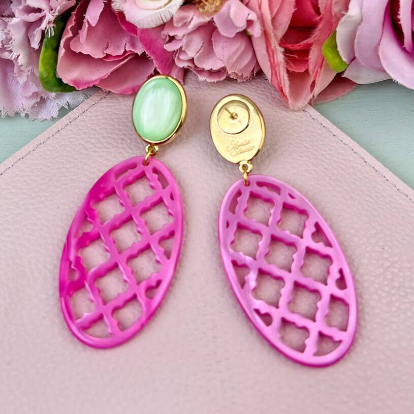SchwesterSchwester Vergoldete Ohrstecker in wunderschönem Hellgrün mit Oval in Pink im Marrakesch-Stil Rabatt