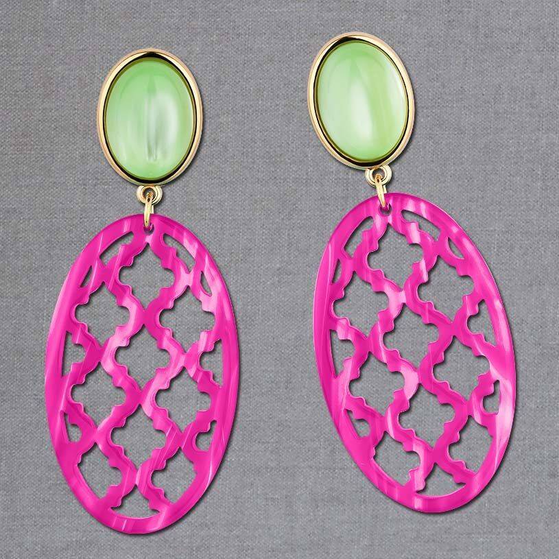 SchwesterSchwester Vergoldete Ohrstecker in wunderschönem Hellgrün mit Oval in Pink im Marrakesch-Stil Rabatt