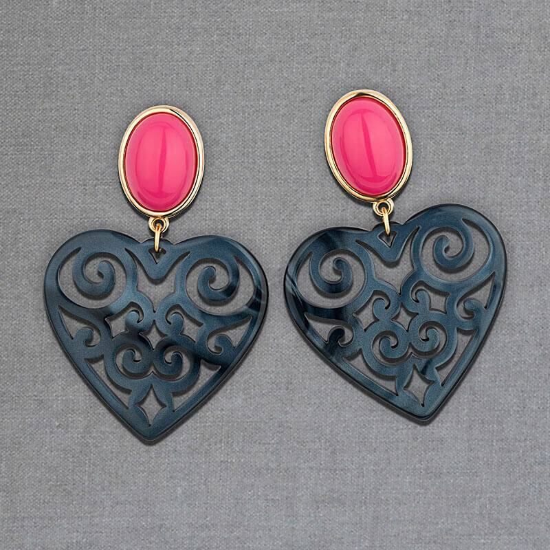 SchwesterSchwester Schöne Herz-Ohrringe mit pinken Ohrsteckern und Herz-Ornamenten in Dunkelblau von AmuseToi Lagerräumung