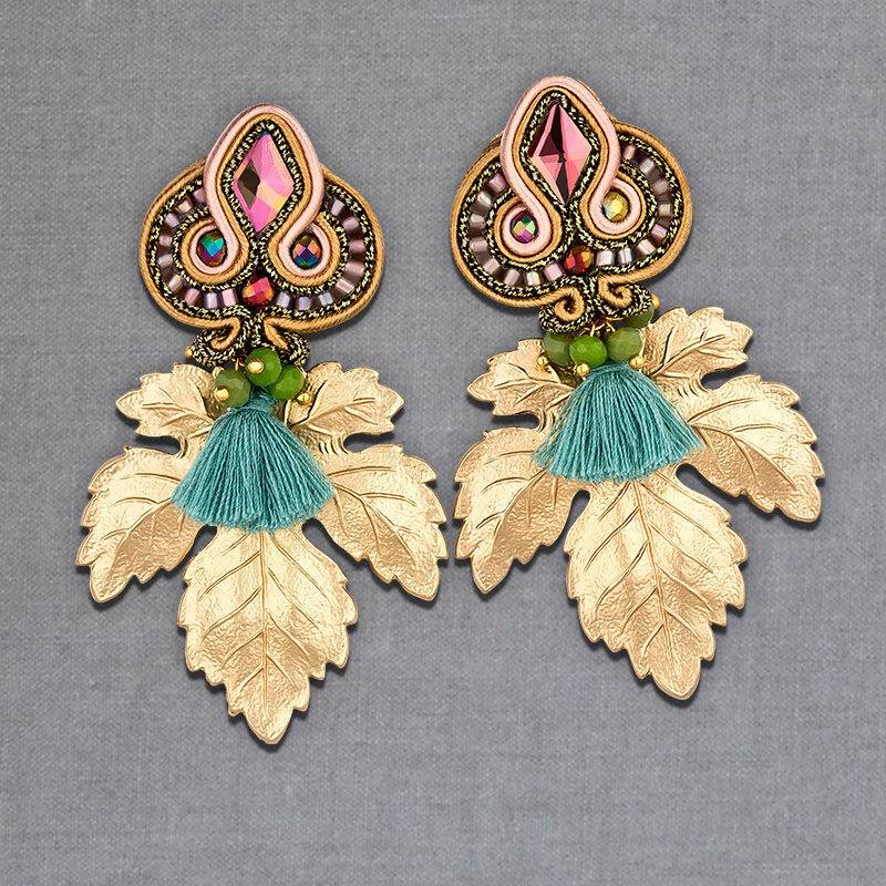 SchwesterSchwester Rosafarbene Soutache-Ohrstecker kleinen hellblauen Quasten und goldenen Blättern Neuheiten