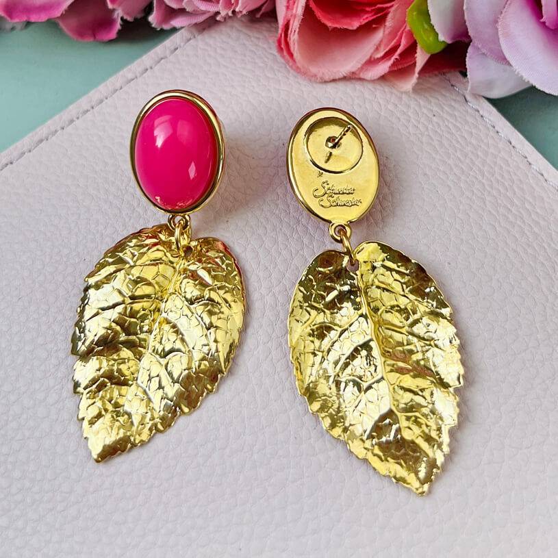 SchwesterSchwester Pinkfarbener Ohrstecker mit vergoldeten Blatt von AmuseToi Tiefpreis