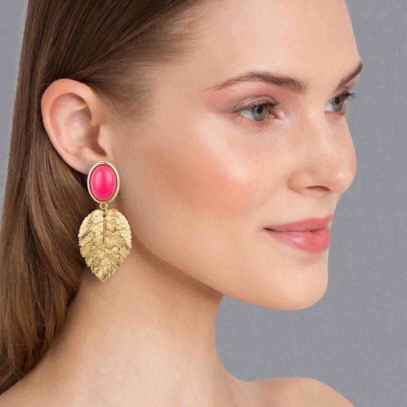 SchwesterSchwester Pinkfarbener Ohrstecker mit vergoldeten Blatt von AmuseToi Tiefpreis